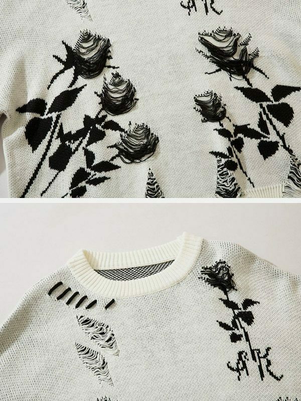 raw edge rose sweater [chic] streetwear essential 5591